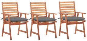 Cadeiras de jantar p/ jardim 3 pcs c/ almofadões acácia maciça