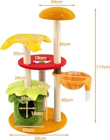 Arranhador para gatos moderna com rede Caverna Poleiros Postes para arranhar em sisal Almofadas de pelúcia Brinquedo suspenso multicolorido