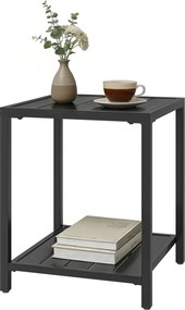 Mesa de centro de exterior de 2 níveis em metal 45 x 45 x 54 cm, mesa de jardim quadrada com prateleira de arrumação, preta