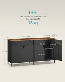 Armário de arrumação sala, cozinha, escritorio 40 x 141 x 76 cm com 4 portas em aglomerado de madeira e aço preto e castanho-vintage