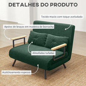 Sofá Cama Sofá Convertível em Cama de 2 Lugares Dobrável com Encosto Ajustável em 5 Níveis e 2 Almofadas 102x73x81 cm Verde
