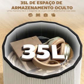 Puff de Arrumação Banco de Arrumação Dobrável 35 L 38x38x38 cm Estofado em Veludo Baú de Arrumação Redondo Creme