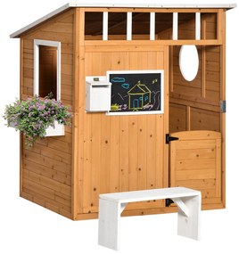 Outsunny Casa Infantil de Madeira Casa de Brincar para Crianças acima de 3 Anos com Banco Caixa de Correio Lousa 122x108x135,5cm | Aosom Portugal