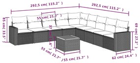 10 pcs conjunto sofás de jardim c/ almofadões vime PE preto
