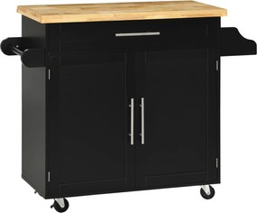 HOMCOM Carrinho de cozinha Carrinho de servir Ilha de cozinha, 1 prateleira para condimentos, 1 suporte para toalhas, 109 cm x 40 cm x 89 cm, Preto | Aosom Portugal
