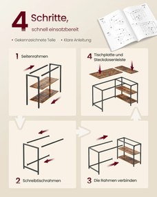 Secretária de canto em forma de L 110 x 80 x 76 cm com estação de carregamento castanho vintage