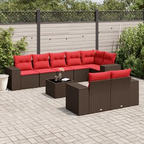 vidaXL 9 pcs conjunto sofás p/ jardim c/ almofadões vime PE castanho