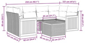 7 pcs conjunto sofás p/ jardim c/ almofadões vime PE cinzento