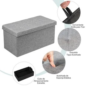 Banco dobrável com espaço para arrumação 80 cm x 40,5 cm x 40,5 cm com assento acolchoado cinza claro