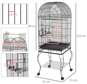 Gaiola para Pássaros com Rodas Bandeja Amovível Prateleira 2 Comedouros de Aço Inoxidável e Poleiro 51x51x153 cm Preto