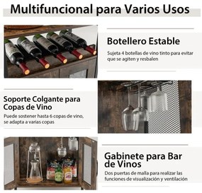 Garrafeira Aparador de cozinha industrial com estante para vinhos e suporte para copos 60 x 34 x 79 cm castanho rústico