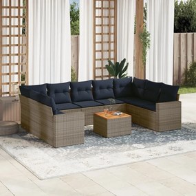 10 pcs conjunto sofás p/ jardim c/ almofadões vime PE cinzento