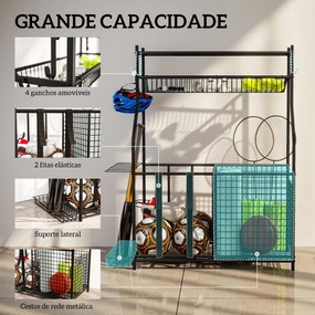 Organizador de Equipamentos Desportivos com Cesto Ganchos Removíveis e Faixas Elásticas Suporte para Bolas 92x42x109 cm Preto
