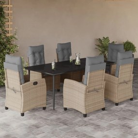 7 pcs conj. jantar jardim c/ almofadões vime PE bege misturado