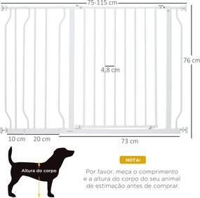 Barreira de Segurança para Cães Extensível para Escadas e Portas 75-115cm com 2 Extensões e 10-20cm Montagem a Pressão Aço Altura 76cm Branco