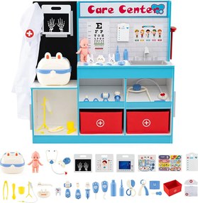 Consultório médico em madeira para Crianças 85 x 25 x 80 cm com área de exame, filme de raios X, monitor de ECG e tabela optométrica Azul