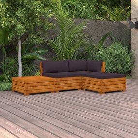 4 pcs conj. lounge jardim c/ almofadões madeira acácia maciça