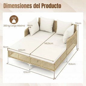 Espreguiçadeira cama dupla de rattan para jardim, para 2 pessoas, com almofadas de assento e encosto e estrutura metálica, para jardim, piscina e terr