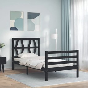 vidaXL Estrutura de cama com cabeceira 90x200 cm madeira maciça preto