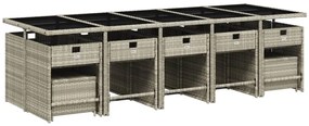 15 pcs conj. jantar jardim c/ almofadões vime PE cinzento-claro