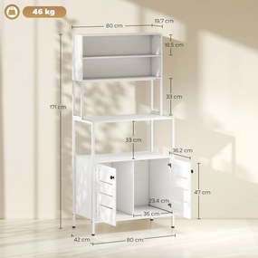 Armário de Cozinha com Tomada de Corrente Suporte para Micro-Ondas 2 Entradas USB e Compartimentos 80x42x171 cm Branco