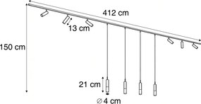 Sistema de calhas de iluminação moderno preto com 6 focos e 4 candeeiros suspensos monofásicos - Slimline Uzzy Loyce