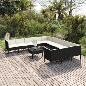 vidaXL 12 pcs conjunto lounge de jardim c/ almofadões vime PE preto