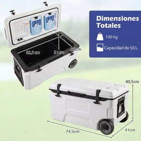 Geleira Portátil com Rodas, 74,5 x 41 x 40,5 cm, Capacidade de 50 L, Branco