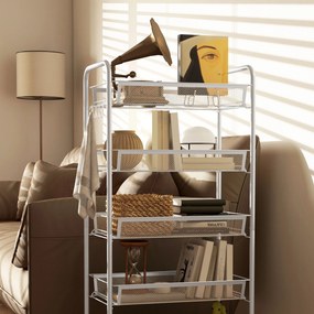 Carrinho cozinha Auxiliar com Rodas de 5 Níveis com Cestos de Malha Removíveis e Estrutura de Aço 45x26,5x106 cm Branco