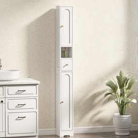 Armário de coluna para casa de banho 20 x 20 x 185 cm, móvel de arrumação, 2 portas, gaveta, compartimento aberto, prateleira ajustável, branco