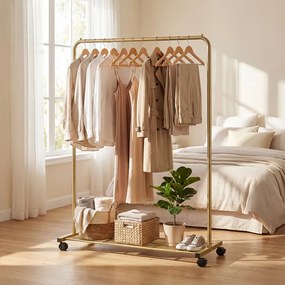 Guarda roupa aberto com rodas 40,5 x 91 x 158 cm, cabide com prateleira, 2 rodas com travão dourado