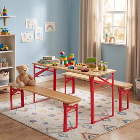 Conjunto de mesa e 2 bancos dobráveis para crianças, com tampo em madeira de abeto e estrutura metálica, para piqueniques de 4 pessoas, idades entre o