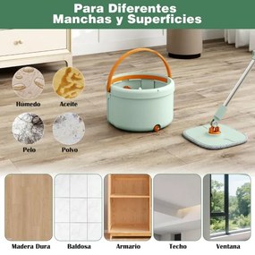Conjunto de esfregona e balde com escorredor para pisos lisos com 8 panos de microfibra laváveis, esfregona para limpar paredes, mãos livres, verde