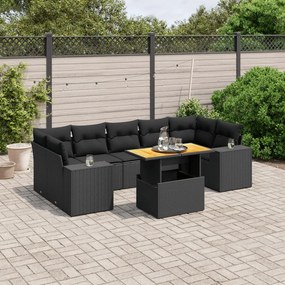 8 pcs conjunto sofás de jardim com almofadões vime PE preto