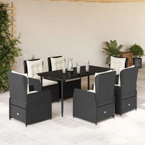 7 pcs conjunto de jantar p/ jardim c/ almofadões vime PE preto