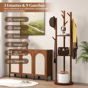 Cabide de madeira giratório de 167 cm para hall de entrada sala de estar com 3 Estantes 9 Ganchos para Casacos Bolsas Nogueira