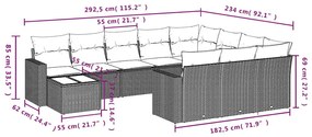 11 pcs conjunto sofás de jardim c/ almofadões vime PE cinzento