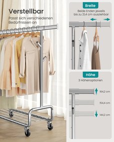Guarda roupa aberto, Cabide ajustavel com rodas, com prateleira e ganchos 47,5 x (107-149,8) x (144,2-164,2) cm prateado