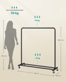 Guarda roupa cabideiro 38 x 110 x 141,5 cm com rodas para arrumação flexível, Preto