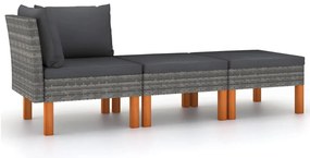 3 pcs conj. lounge jardim vime PE e madeira de eucalipto maciça
