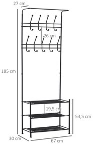 HOMCOM Móvel Cabide de Entrada com 18 Ganchos e Sapateira Armário de Entrada com Cabide com 3 Prateleiras 67x30x185 cm Preto