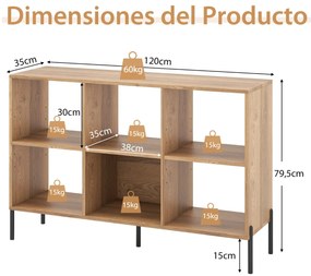 Estante de madeira de 2 níveis com 6 cubos e pernas metálicas ajustáveis em 5 posições 120 x 35 x 79,5 cm Natural