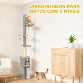 Arranhador para Gatos de Chão a Teto com Altura Ajustável de 220-240 cm Rede Plataformas em Flor Cavernas Rampa e Bola Cinza
