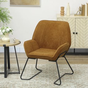 Poltrona Sala de Estar Moderna Poltrona de Leitura com Assento Largo e Acolchoado Estofada em Veludo Pés de Metal 70x67,5x87 cm Castanha