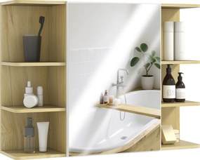 Armário de parede para casa de banho com espelho, móvel de casa de banho com prateleiras abertas, 80 x 20 x 59 cm, madeira natural