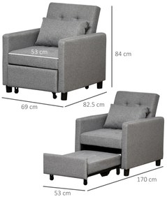 Sofá-cama Individual Poltrona com encosto reclinável Almofada removível Assento acolchoado e 4 rodas 69x77x84 cm Cinza