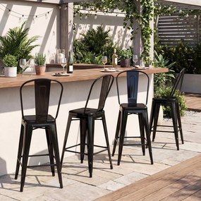 Conjunto de 4 Bancos de Bar com Encosto Alto, 45,5 x 44,5 x 103 cm, Estrutura Metálica Robusta, Preto