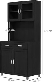 Armário de cozinha  80 x 48 x 170 cm, com 4 portas, gaveta, bancada, prateleiras ajustáveis, preto