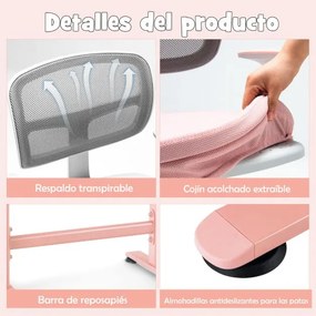 Cadeira de secretária ergonómica para crianças com rodas Cadeira giratória para computador Apoio lombar ajustável em altura Rosa