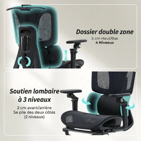Cadeira de escritório ergonómica com braços 6D, encosto para a cabeça e profundidade do assento ajustáveis, 67 x 71 x 133 cm, preta